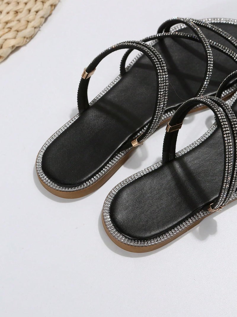 OYOANGLE Women's Rhinestone Strappy Open Toe Slide Sandals Slip on Casual Flat Sandals Black 8.5 - Image 5