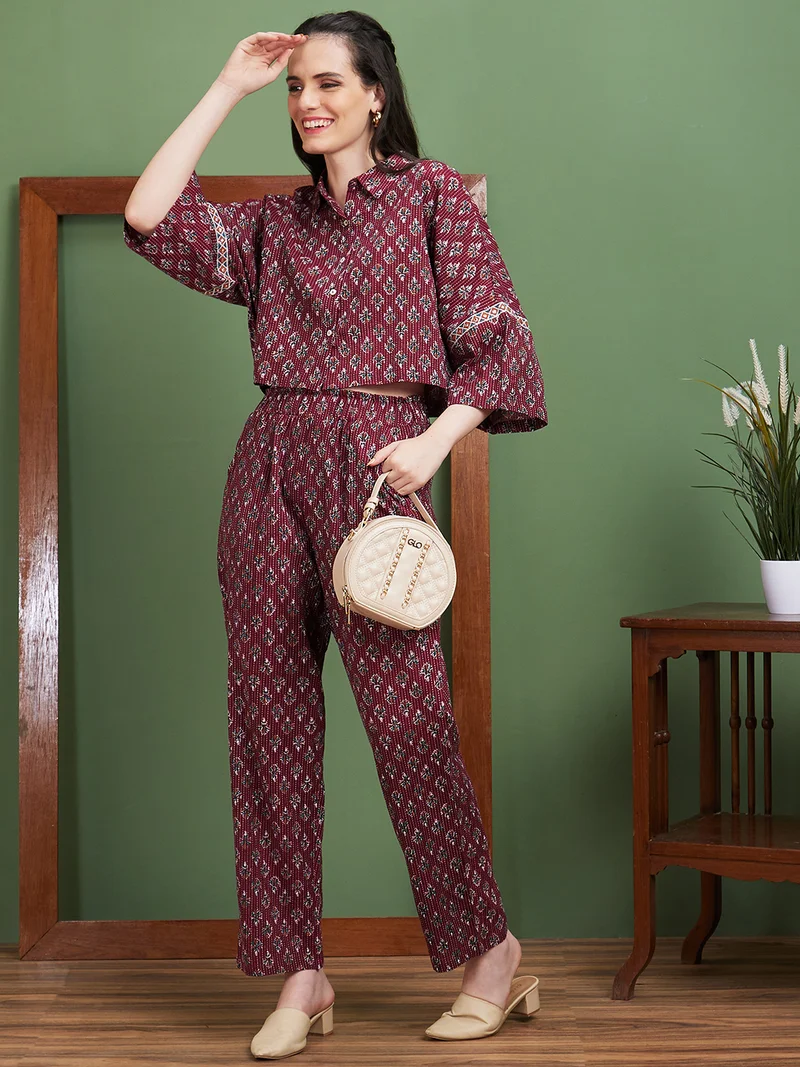 Women Pure Cotton Printed Co-Ord Set With Cropped Top & Pant