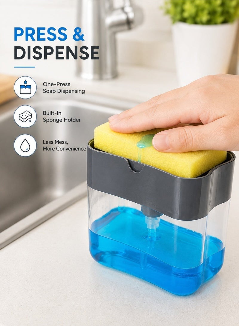 Leoxol Soap Dispenser With Sponge Holder | 2 In 1 Kitchen Detergent Pump Organizer | Plastic Sink Caddy Rack For Sponge And Brush - Image 2