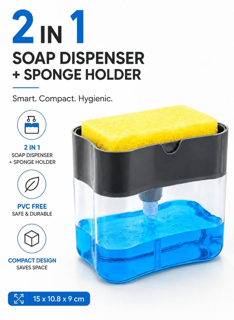 Leoxol Soap Dispenser With Sponge Holder | 2 In 1 Kitchen Detergent Pump Organizer | Plastic Sink Caddy Rack For Sponge And Brush - Image 1