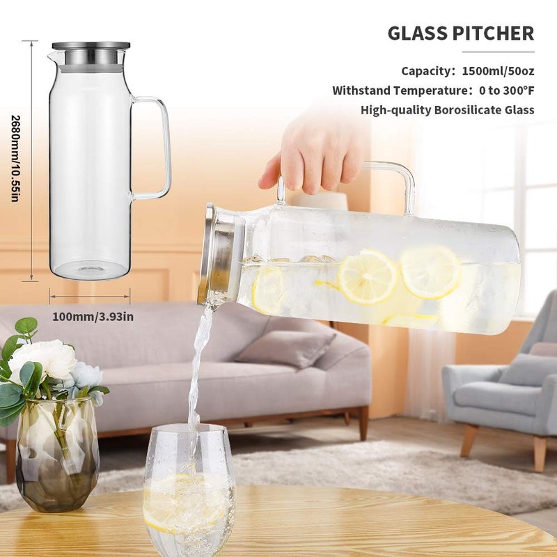 BOTTLE BOTTLE Glass Pitcher with Lid and Handle 50 oz/1500ml Water Pitcher for Ice Tea and Homemade Juice Heat Resistant Borosilicate Glass Carafe for Hot/Cold Water - Image 5