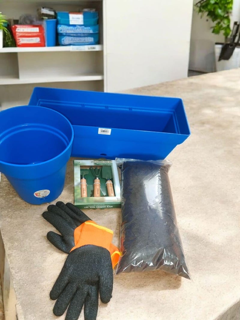Gardening Tools Set Blue Plastic Planter Containers Orange And Black Garden Gloves With Wooden Hand Tools For Home Garden Use - Image 2