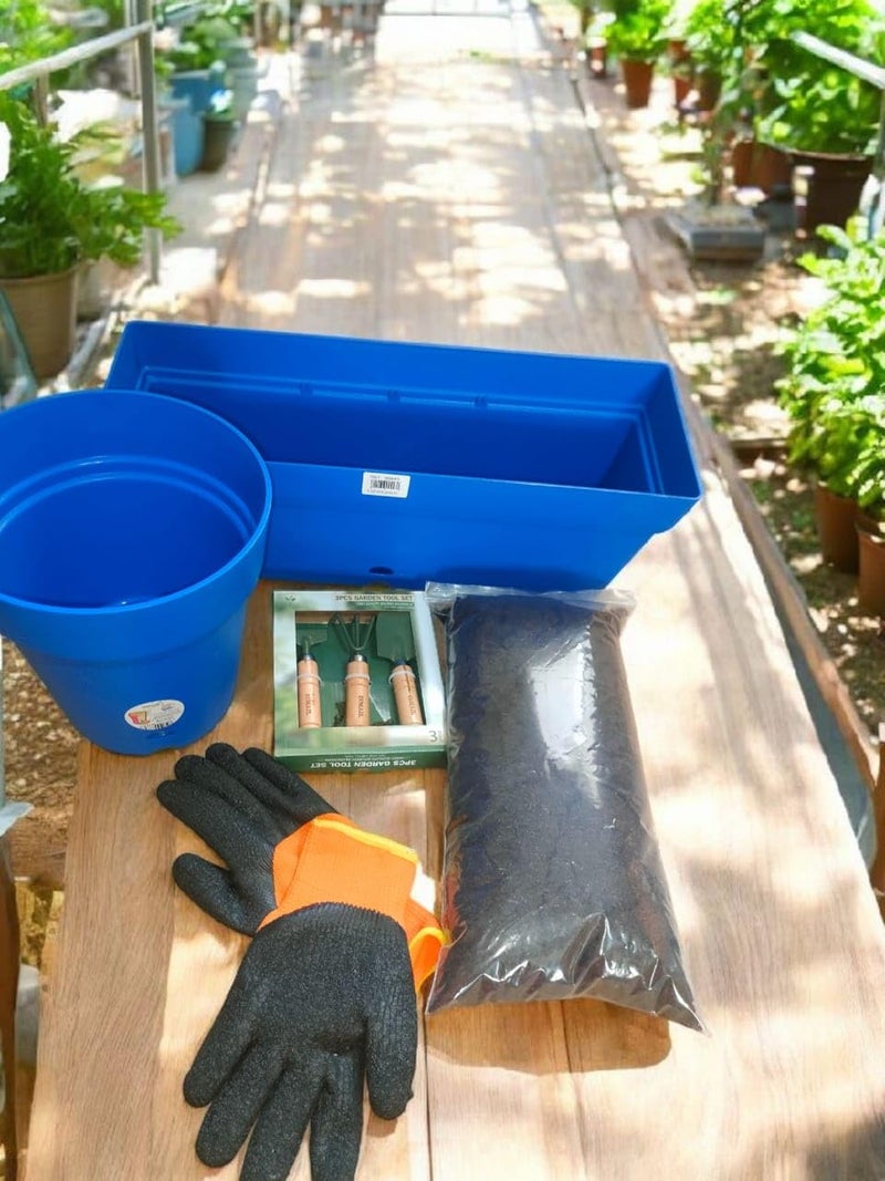 Gardening Tools Set Blue Plastic Planter Containers Orange And Black Garden Gloves With Wooden Hand Tools For Home Garden Use - Image 3