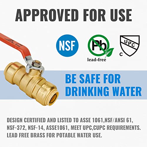 SUNGATOR 3/4 Inch Ball Valve, 3/4" Shut off Valve, No Lead Brass Push-to-Connect Plumbing Fittings, Full-Port Fit for PEX Pipe, Copper, CPVC, PE-RT, Pack of 2 - Image 2