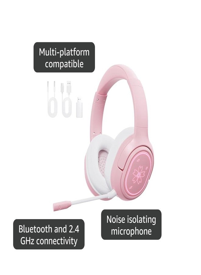 Mytrix Sakura Wireless Gaming Headset for PC, PS4, PS5, Mac, Switch, 50mm Drivers, 2.4GHz & Bluetooth Gaming Headphones with Noise Cancelling Mic, Over Ear Headphones for Xbox with Wired - Pink - Image 4