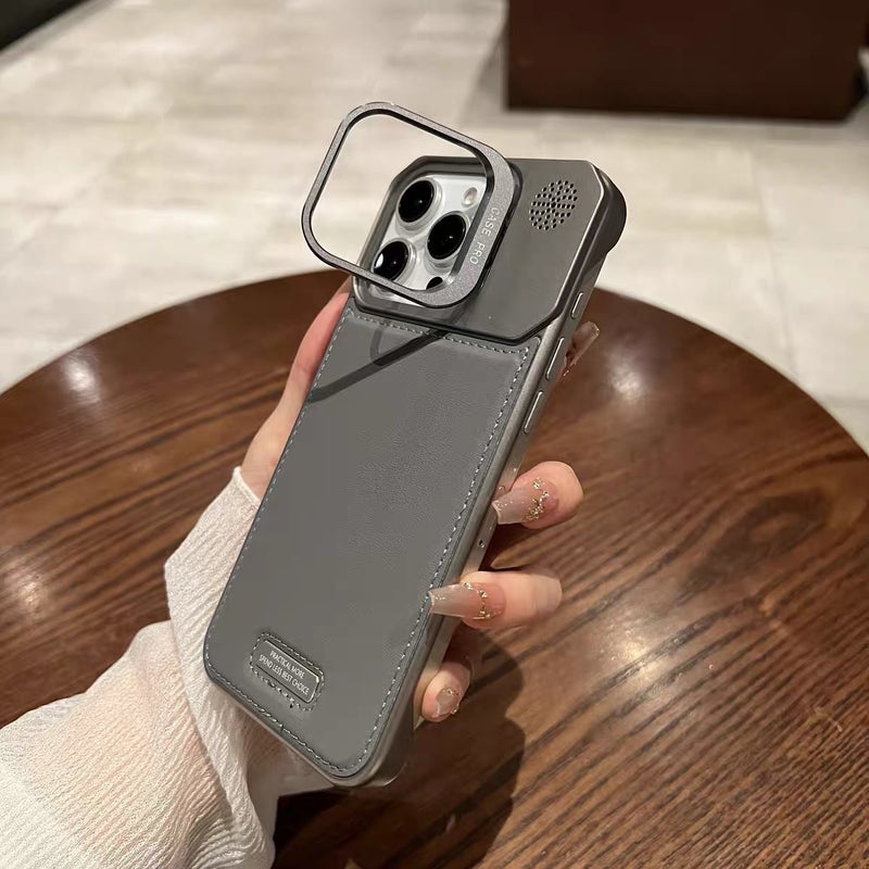 غطاء MagSafe بملمس جلد لـ iPhone 16 / 16 Plus / 16 Pro / 16 Pro Max مع مغناطيس قوي وحامل قائم مع تصميم بدون إطار مع مقاوم للخدش باللون رمادي مغناطيسي بوظيفة حامل لترتيب الأغراض - Image 1