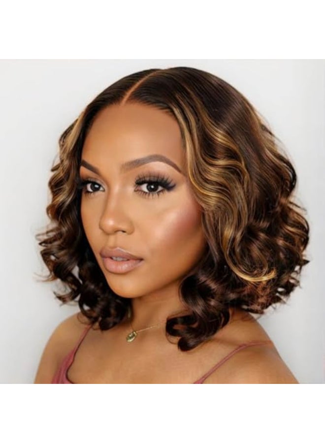 ISEE Wear Go Glueless Wigs Human Hair Pre Plucked Pre Cut Short Bob Body Wave Lace Front Wigs Human Hair for Women Upgraded Glueless Bob Wig 7x5 HD Lace Closure Wigs Highlight Ombre 12 Inch - Image 1