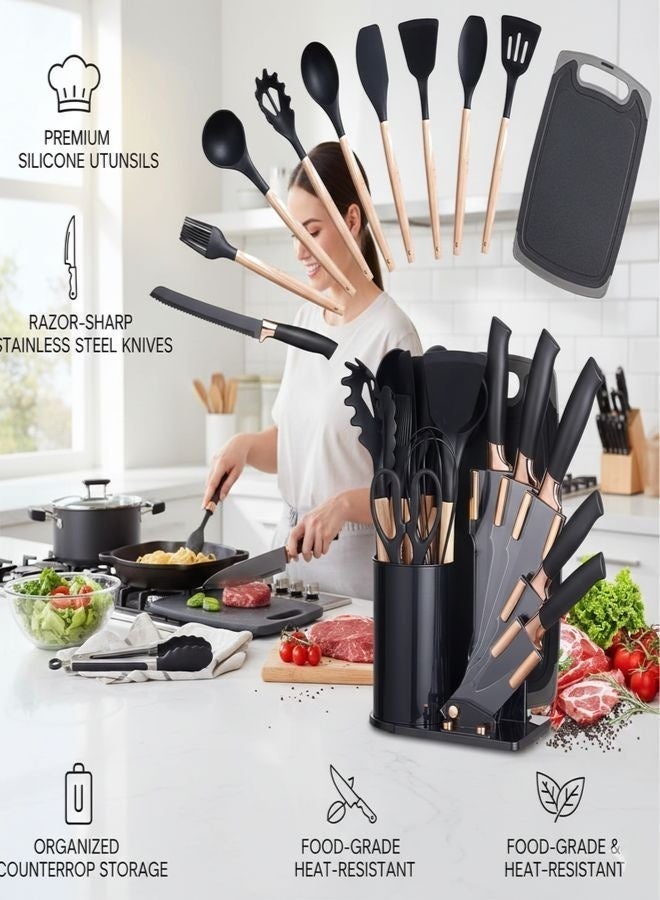ZEESQUARE Silicone Utensil Set 19 PCS – Non-Stick Heat Resistant Kitchen Tools with Wooden Handles | Premium Silicone Cooking Set for All Cooktops - Image 3