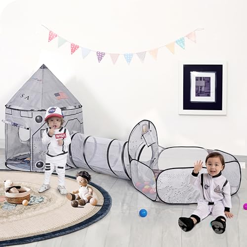 LimitlessFunN 4pc Space Rocket Ship Kids Pop Up Play Tent Crawl Tunnel Ball Pit Includes Star Lights Carrying Case Children Indoor Castle Playhouse for Boys Toddlers 47 D x 126 W x 53 H - Image 1