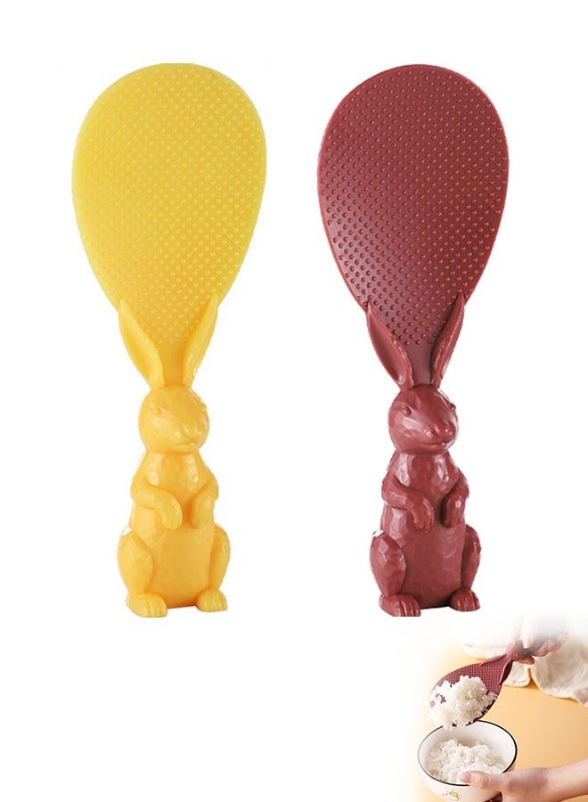 2 Pcs Creative Rabbit Non Stick Rice Spoon, Food Grade PP Standable Rice Scooper Standing Spoon, Household Rice Cooker Rice Spoon (Yellow+Red) - Image 1