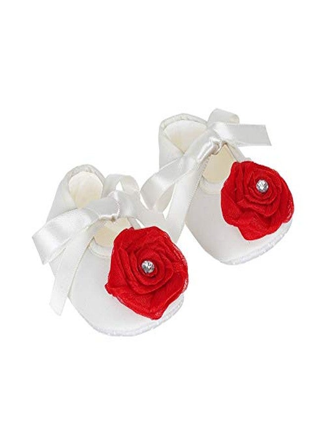 Rsmart Non-Slip Cotton Booties Shoes with Red Rose & Ribbon for Baby Girl & Boy (Off White, Age: 3-6 Months) - Image 1