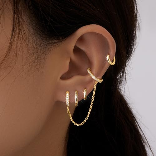 Poxtex Gold Chain Hoop Ear Cuff Earrings for Women, Double Piercing Chain Huggie Small Stack Cartilage Hoop Cuff Earring Sets for Multiple Piercing, Conch Helix Rook Tragus Daith Clip On Jewelry Set Gifts - Image 2