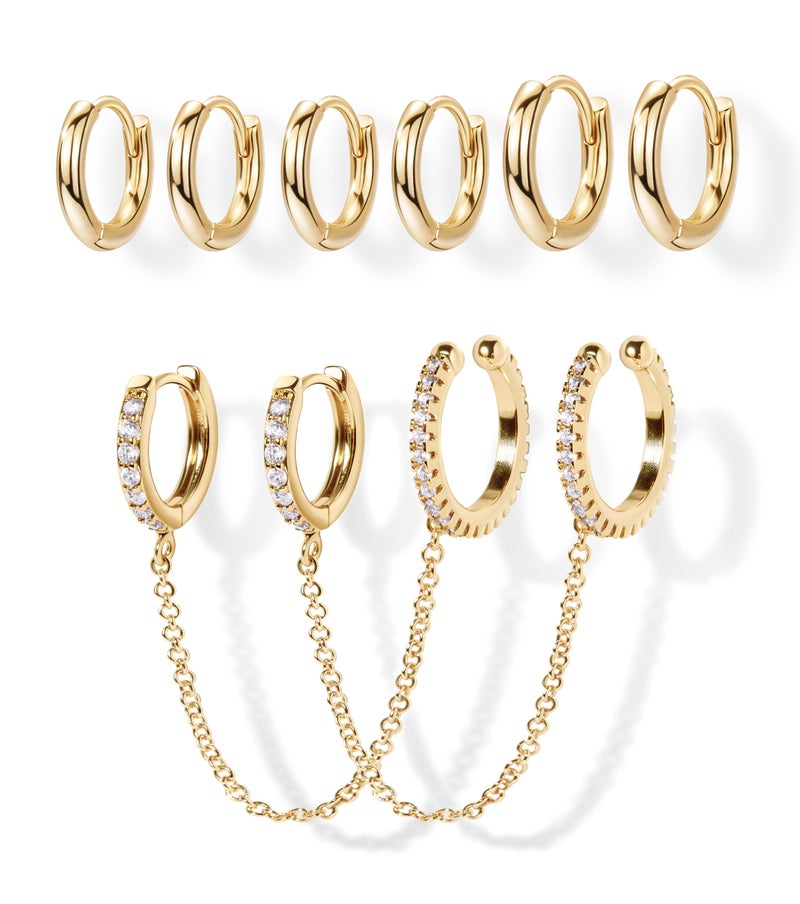 Poxtex Gold Chain Hoop Ear Cuff Earrings for Women, Double Piercing Chain Huggie Small Stack Cartilage Hoop Cuff Earring Sets for Multiple Piercing, Conch Helix Rook Tragus Daith Clip On Jewelry Set Gifts - Image 1