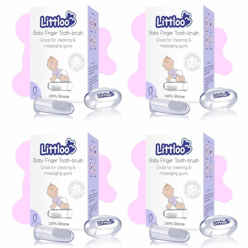 LITTLOO Silicone Baby Finger Toothbrush, Great for Massaging & Cleaning Gums, BPA-Free, Travel-Friendly Oral Care, Use Soft Brush For Kids & New Born Baby, Kids Finger Toothbrushes Pack of 4 (Clear) - Image 1