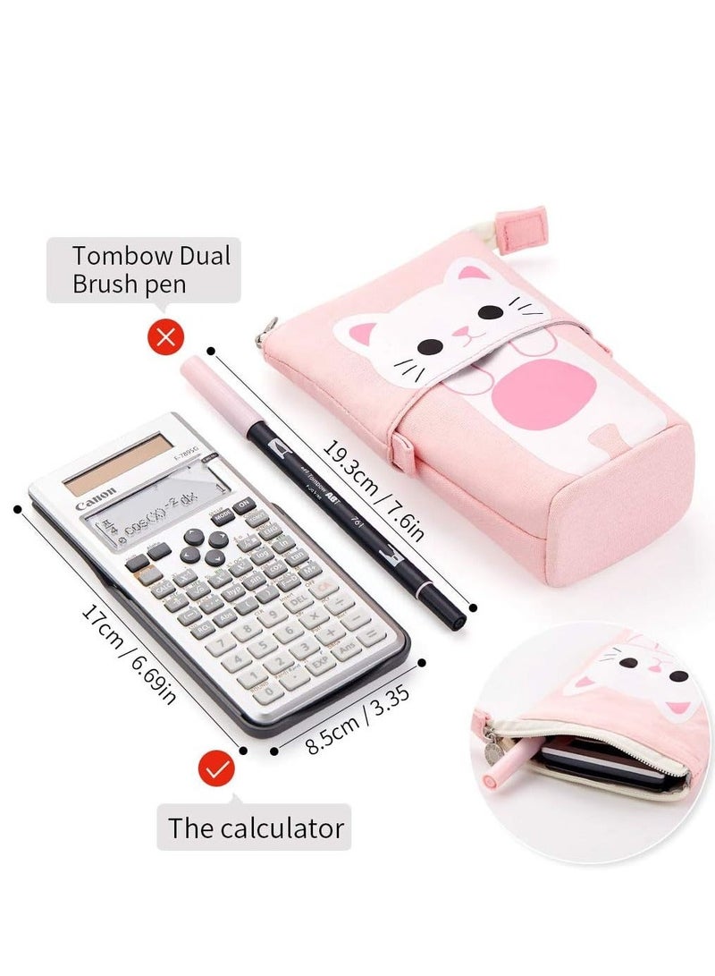 CUNUUDOOL Pencil Pouch For Girls,Pencil Pouch For School. Cute Cat Pattern Design with Large Capacity Pull-Down Retractable, Pencil Case Bag Pink. - Image 2