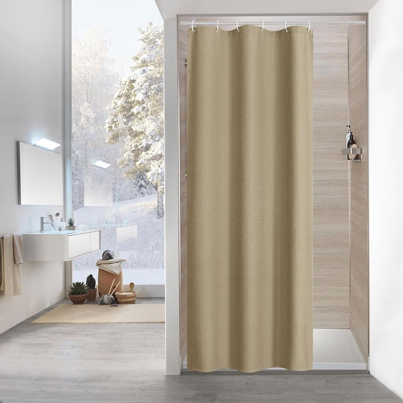 MitoVilla Waffle Small Stall Shower Curtain 36 x 72, Tan Half Size Shower Curtain Liner, Fabric Narrow Shower Curtains for Bathroom Decor, 36 inch Waffle Weave Shower Curtain Set with Hooks, Taupe - Image 1