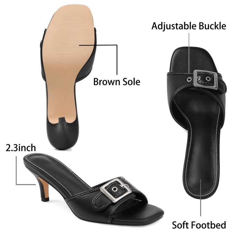 Lovee Cosee Black Kitten Heels for Women Square Open Toe Low Heel Mule Heels for Women Slip On Buckle Strap Heeled Sandals Summer Comfortable Size 7 - Image 4
