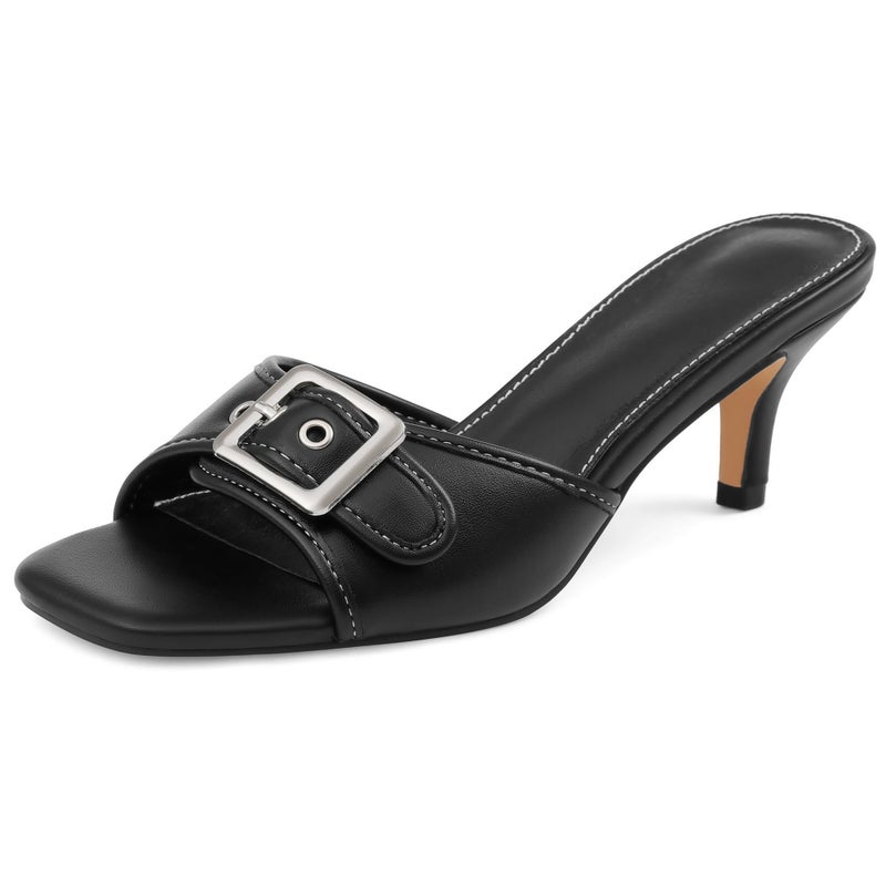 Lovee Cosee Black Kitten Heels for Women Square Open Toe Low Heel Mule Heels for Women Slip On Buckle Strap Heeled Sandals Summer Comfortable Size 7 - Image 1