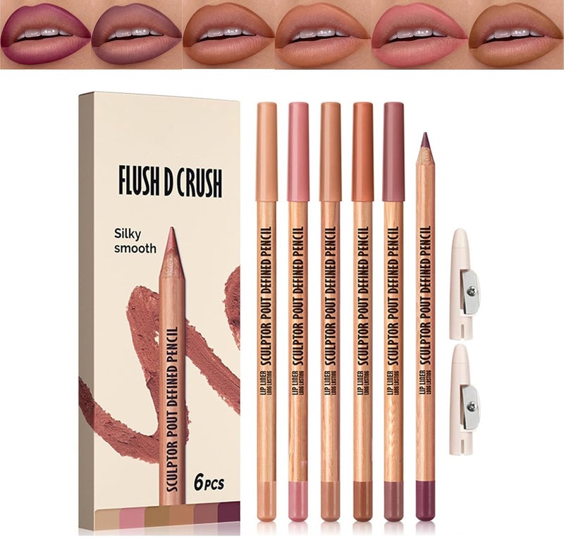 6 Color Nude Pink Matte Lip Liner Kit Long Lasting SmudgeProof Lip Pencils Highly Pigmented Velvety Shades for Contouring Natural Makeup Smooth Define Sculpt Cosmetic Gift Pack 03