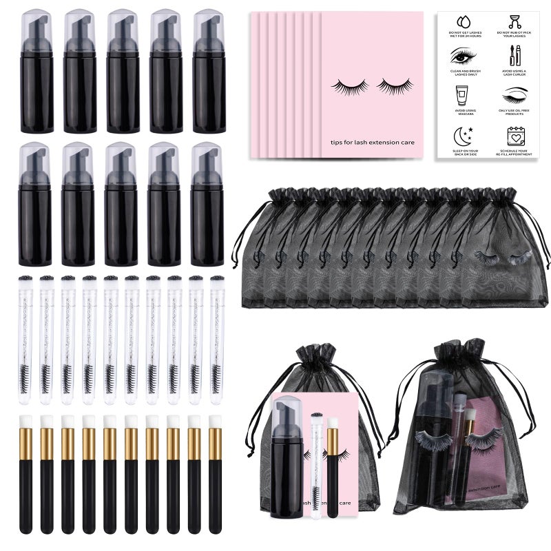 Bebbtiy 50PCS Lash Shampoo Bottles Brushes Set, Empty Lash Shampoo Bottle, Lash Cleaning Brush, Eyelash Extension Tube Brush, Instructions Cards, Aftercare Bags for Lash Business Clients (50pcs in black) - Image 1