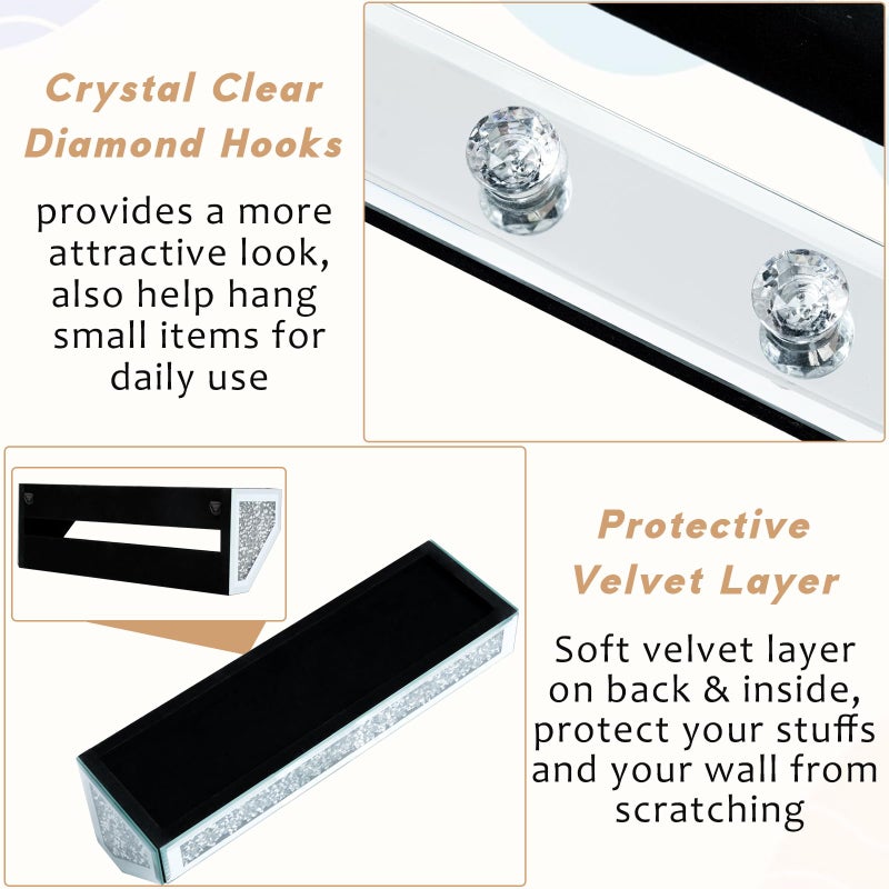 WALTSOM Crushed Diamond Wall Key Holder with Shelf, Crystal Mirror Wall Mounted Key Holder with Shelf for Entryway and Home Decor - Image 5