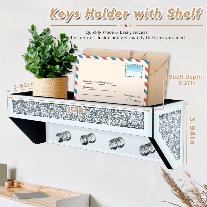 WALTSOM Crushed Diamond Wall Key Holder with Shelf, Crystal Mirror Wall Mounted Key Holder with Shelf for Entryway and Home Decor - Image 4