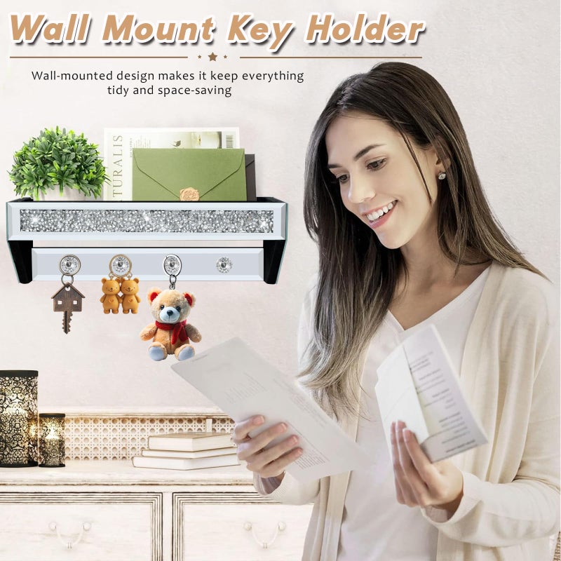 WALTSOM Crushed Diamond Wall Key Holder with Shelf, Crystal Mirror Wall Mounted Key Holder with Shelf for Entryway and Home Decor - Image 3