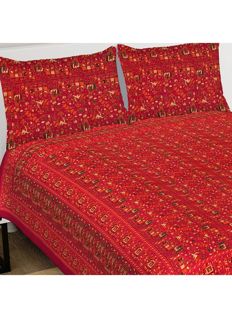 Queenie Queenie Brand 100% Cotton Comfort 144 TC Hand Block Print Rajasthani Jaipuri Traditional King Size Bedsheet for Double Bed with 2 Pillow Covers - Deep-Red King Size  - Image 2