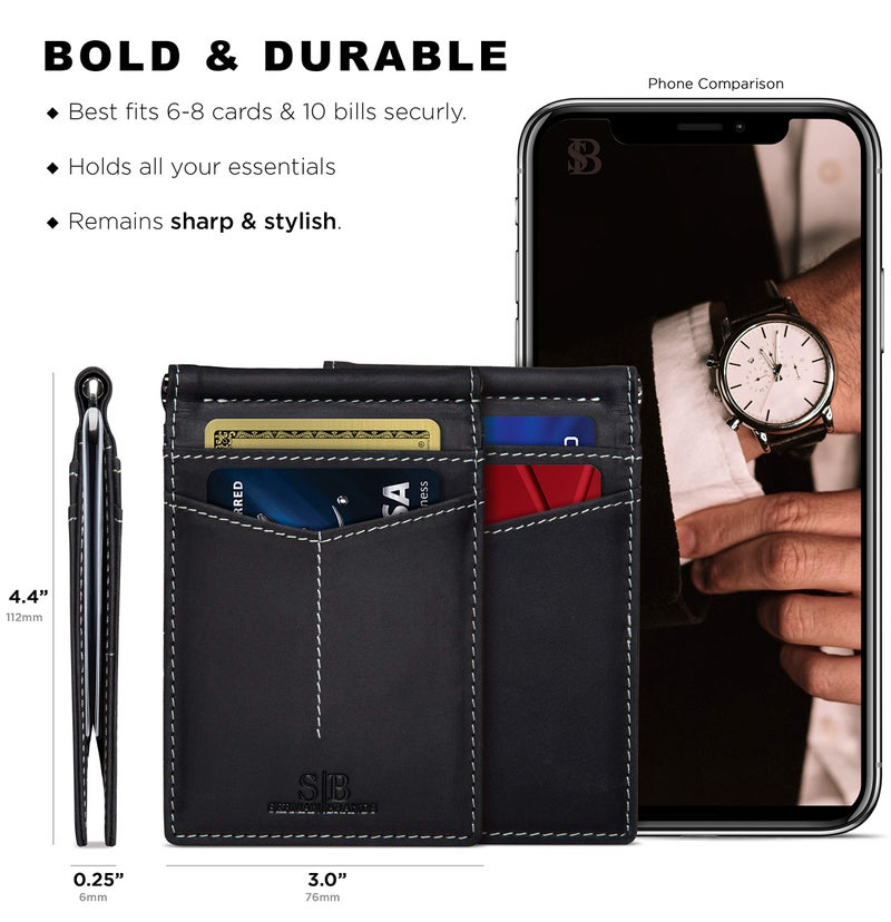 SERMAN BRANDS RFID Blocking Wallet Slim Bifold - Genuine Leather Minimalist Front Pocket Wallets for Men with Money Clip Gift (Charcoal Black) - Image 3