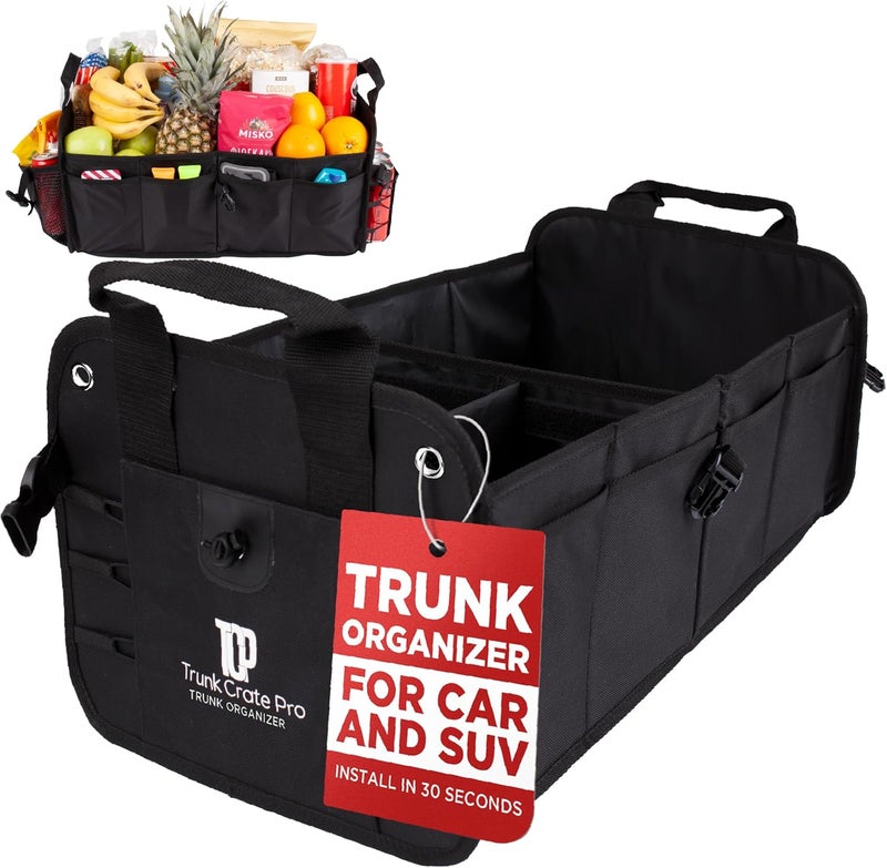 TRUNKCRATEPRO Car Organizers and Storage Premium Adjustable Multi Compartments Car Storage Organizer | Portable and Foldable SUV Trunk Organizer for Car (Standard Size, 20.86"L x 13.4"W x 10"H )-Black - Image 1