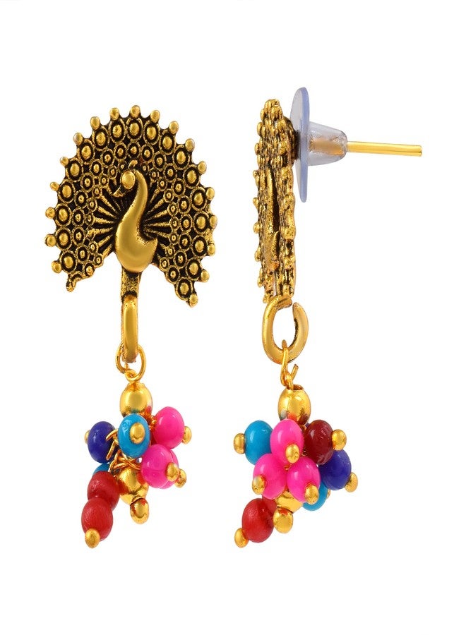 DULCI Gold plated Antique Finish Peacock Stud Drop Multi Color Beads Traditional Small Jhumka/jhumki Jewellery for Women & Girls - Image 1