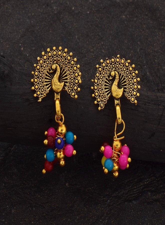 DULCI Gold plated Antique Finish Peacock Stud Drop Multi Color Beads Traditional Small Jhumka/jhumki Jewellery for Women & Girls - Image 4