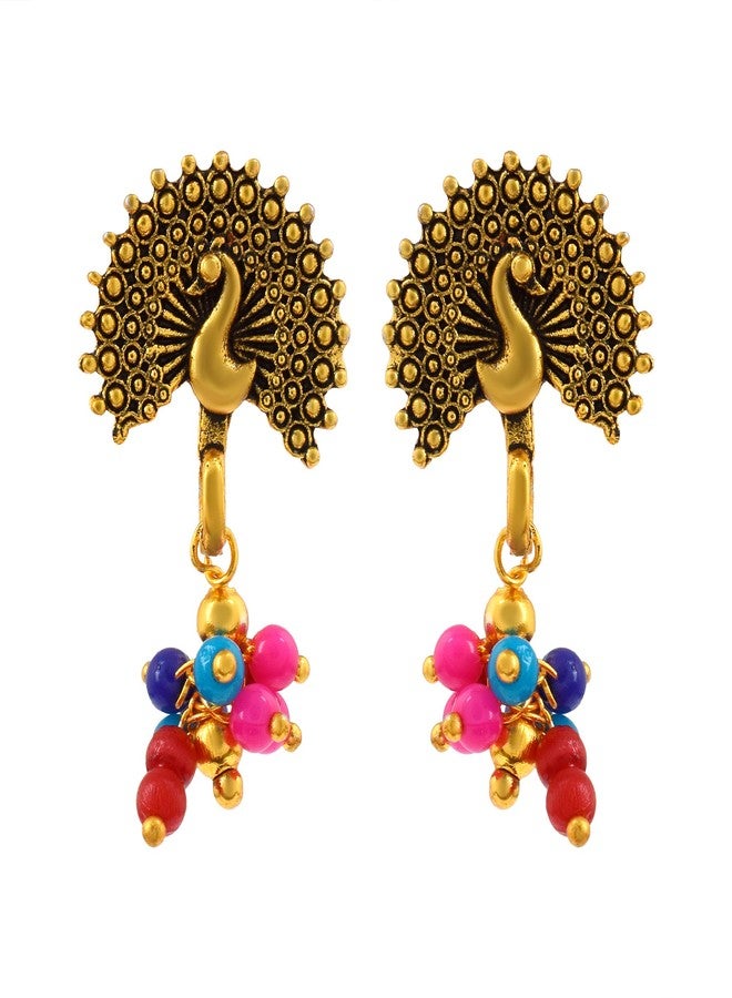 DULCI Gold plated Antique Finish Peacock Stud Drop Multi Color Beads Traditional Small Jhumka/jhumki Jewellery for Women & Girls - Image 2