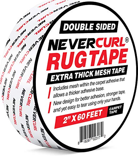 iPrimio NeverCurl Double Sided Carpet Tape Extra Thick - Rug Tape with Mesh Fabric - 2" by 60 Feet Roll - Anti Slip Non Skid Gripper Tape for Rugs - Image 1