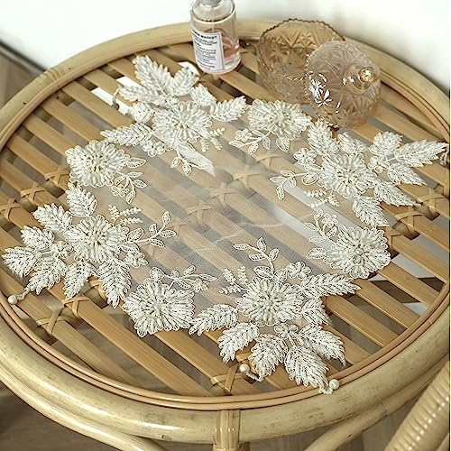 VIRFONOR Handmade Embroidery Beaded lace Doilies - Home Decor Mat for Coffee Table, Ornaments, Flower Pot, Home, Wedding Decoration, (23.6’’x23.6’’, Beige) - Image 5