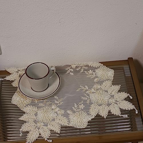 VIRFONOR Handmade Embroidery Beaded lace Doilies - Home Decor Mat for Coffee Table, Ornaments, Flower Pot, Home, Wedding Decoration, (23.6’’x23.6’’, Beige) - Image 4