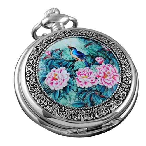 VIGOROSO Quartz Beautiful Peony Bird Enamel Painting Steampunk Silver Pocket Watches in Box - Image 1