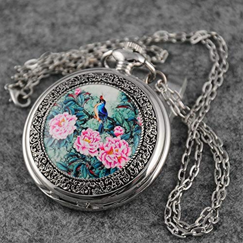 VIGOROSO Quartz Beautiful Peony Bird Enamel Painting Steampunk Silver Pocket Watches in Box - Image 2