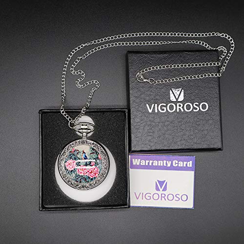 VIGOROSO Quartz Beautiful Peony Bird Enamel Painting Steampunk Silver Pocket Watches in Box - Image 5