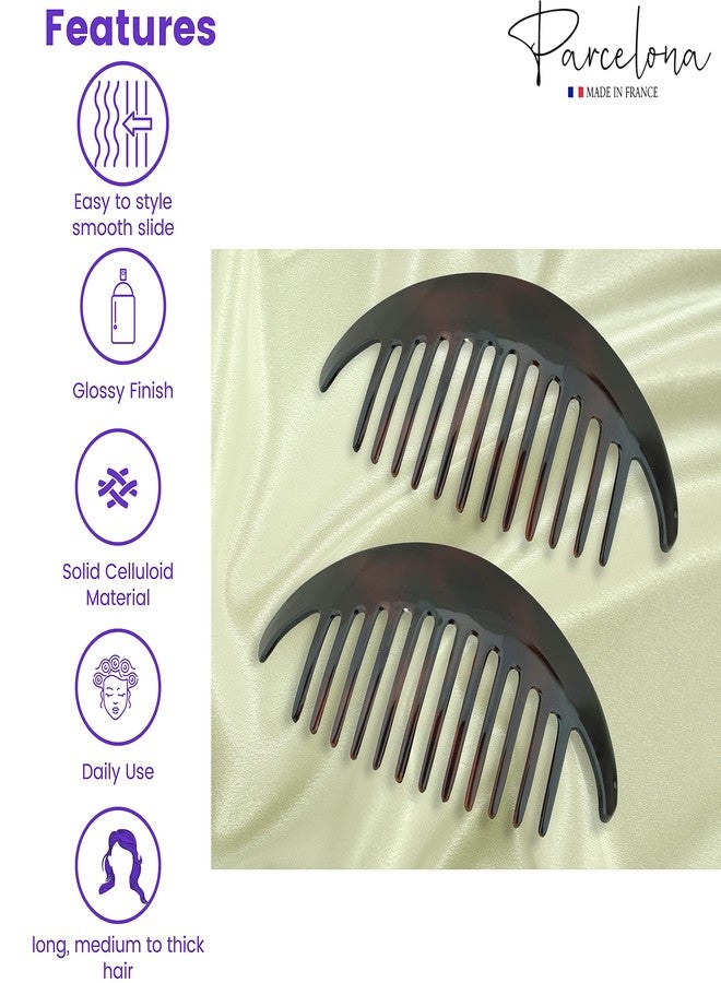 Parcelona French Alice Tortoise Shell Brown Large 3 3/4" Set of 2 Celluloid Acetate Flexible Strong Hold Interlocking No Slip 12 Teeth Side Hair Comb for Women and Girls, Made in France - Image 2