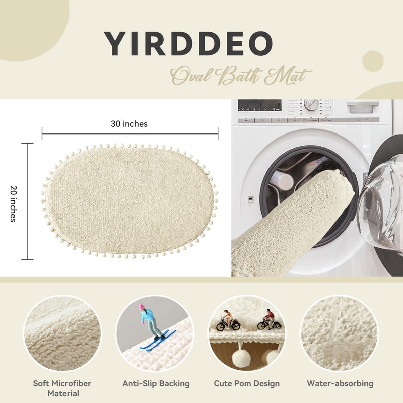YIRDDEO Oval Bathroom Rugs Beige Rug with Pom Cream Bath Mat for Bedroom Non Slip Cute Boho Absorbent Mats Soft Plush Washable Rug (20x30 inches) - Image 3
