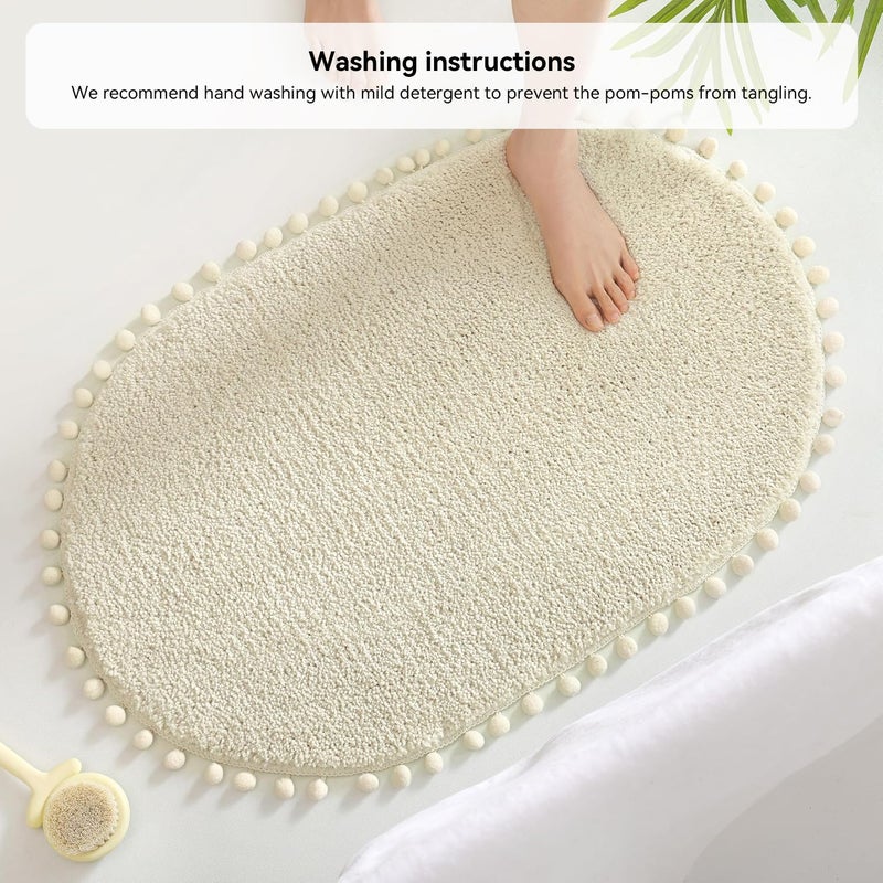 YIRDDEO Oval Bathroom Rugs Beige Rug with Pom Cream Bath Mat for Bedroom Non Slip Cute Boho Absorbent Mats Soft Plush Washable Rug (20x30 inches) - Image 4