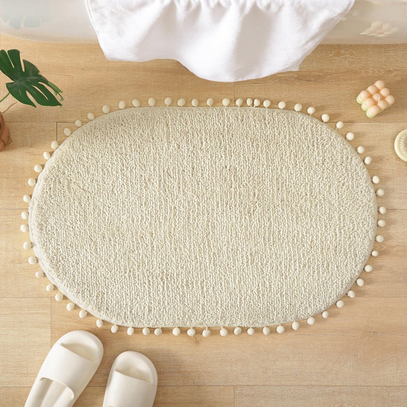 YIRDDEO Oval Bathroom Rugs Beige Rug with Pom Cream Bath Mat for Bedroom Non Slip Cute Boho Absorbent Mats Soft Plush Washable Rug (20x30 inches) - Image 5