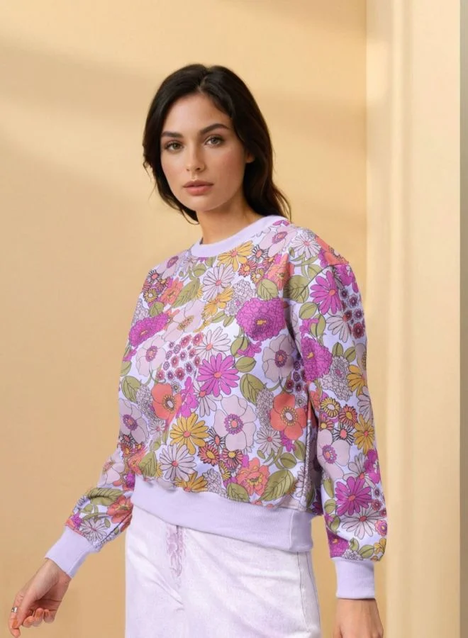 Women Relaxed Fit Floral Printed Crew Neck Long Sleeve Crewneck Sweatshirt