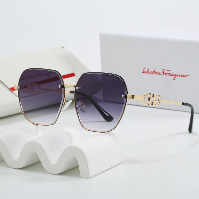 Ferragamo Gradient Grey Sunglasses,Rimless Cut-Out with Crystal Detail,Metal Frame Shades for Women Daily Casual Party Travel - Image 1