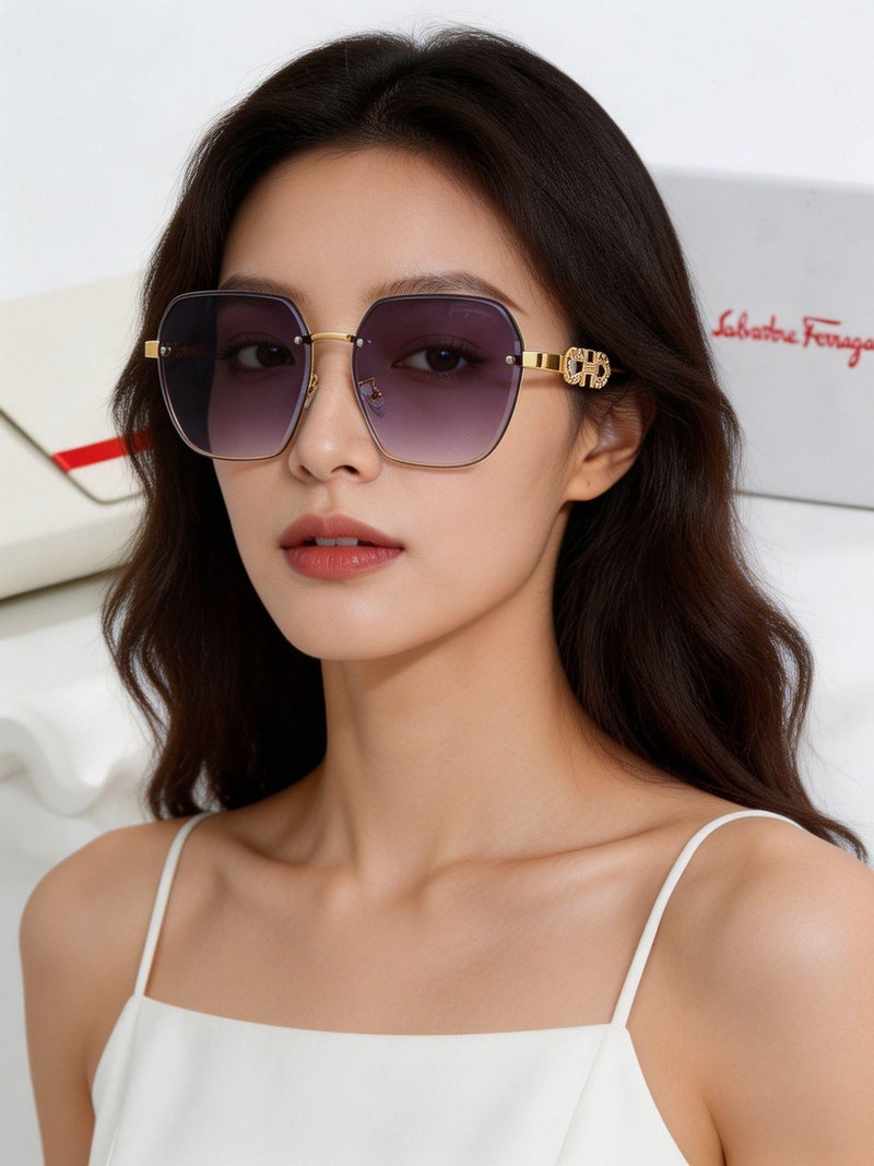 Ferragamo Gradient Grey Sunglasses,Rimless Cut-Out with Crystal Detail,Metal Frame Shades for Women Daily Casual Party Travel - Image 5