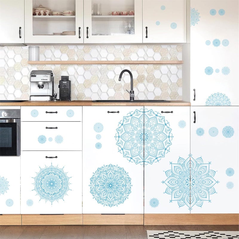 Kazova Blue Mandala Wall Stickers Large Mandala Wall Decals Peel and Stick Lotus Flower Stickers Headboard Art Decoration Modern Blue Art Decals for Living Room Bedroom Yoga Decor - Image 3