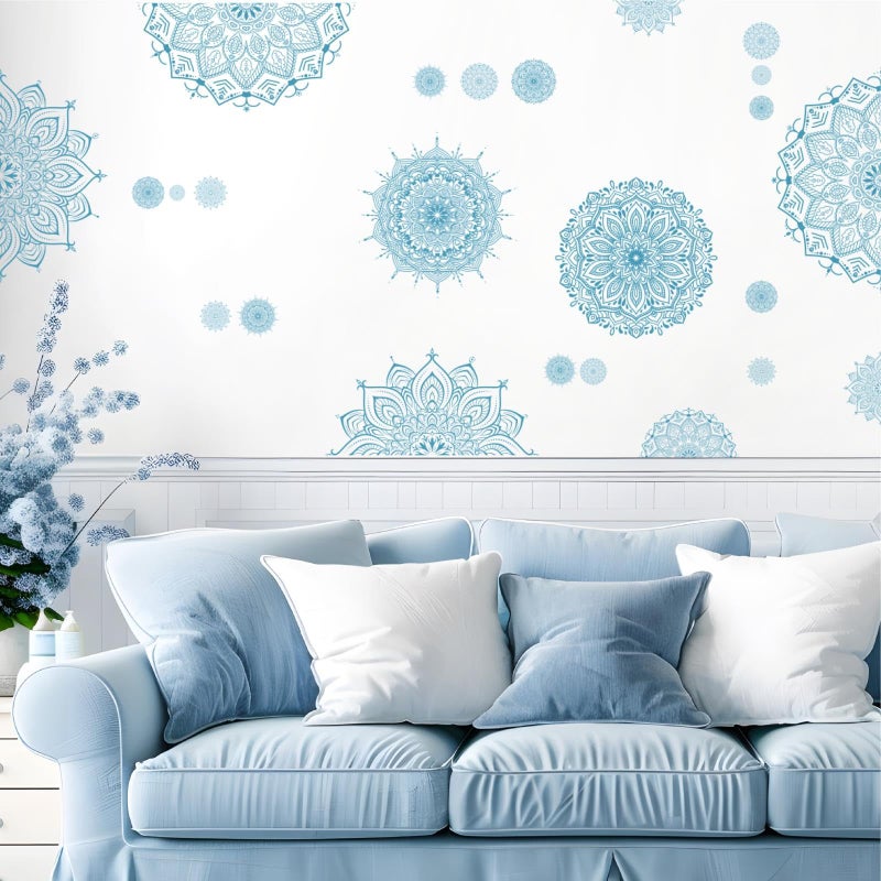 Kazova Blue Mandala Wall Stickers Large Mandala Wall Decals Peel and Stick Lotus Flower Stickers Headboard Art Decoration Modern Blue Art Decals for Living Room Bedroom Yoga Decor - Image 4