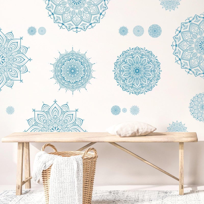 Kazova Blue Mandala Wall Stickers Large Mandala Wall Decals Peel and Stick Lotus Flower Stickers Headboard Art Decoration Modern Blue Art Decals for Living Room Bedroom Yoga Decor - Image 1