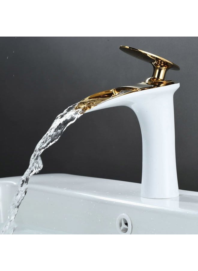 Leekayer - Waterfall Bathroom Faucet 1 Hole Mount Hot Cold Basin Mixer Tap Single Lever Brass Faucet White Gold Finish Commercial Toilet Faucet,LK61106WG - Image 1